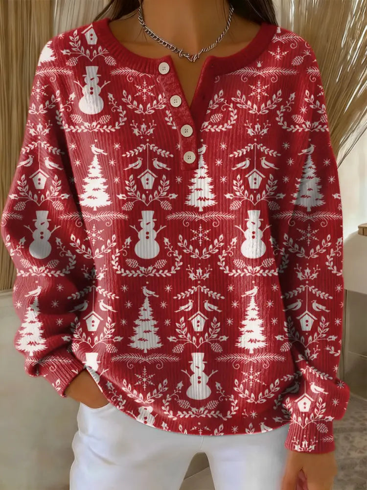 Women’s Vintage Christmas Snowman Christmas Tree Art Print Long-sleeve Sweater Red / S