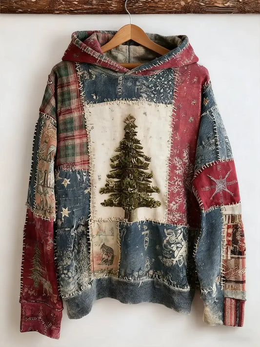 Women’s Vintage Christmas Tree Plaid Colorblock Patchwork Hoodie As picture / S