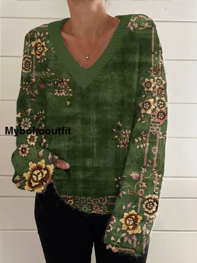 Women’s Vintage Elegant Art Floral Print Chic V Neck Long Sleeve Sweater A / S