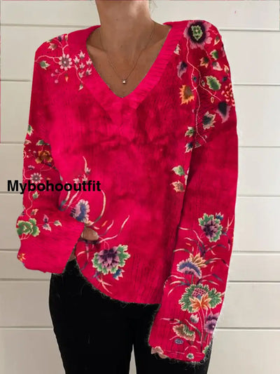 Women’s Vintage Elegant Art Floral Print Chic V Neck Long Sleeve Sweater A / S