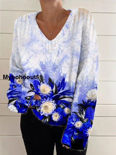 Women’s Vintage Elegant Art Floral Print Chic V Neck Long Sleeve Sweater A / S