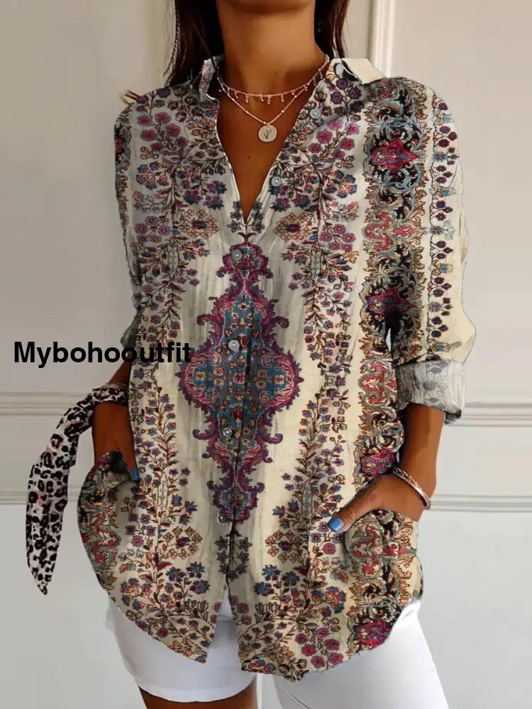 Women’s Vintage Ethnic Floral Art Print Casual Cotton Shirt Multicolor / S