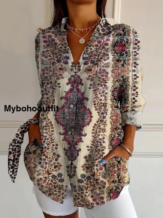 Women’s Vintage Ethnic Floral Art Print Casual Cotton Shirt Multicolor / S