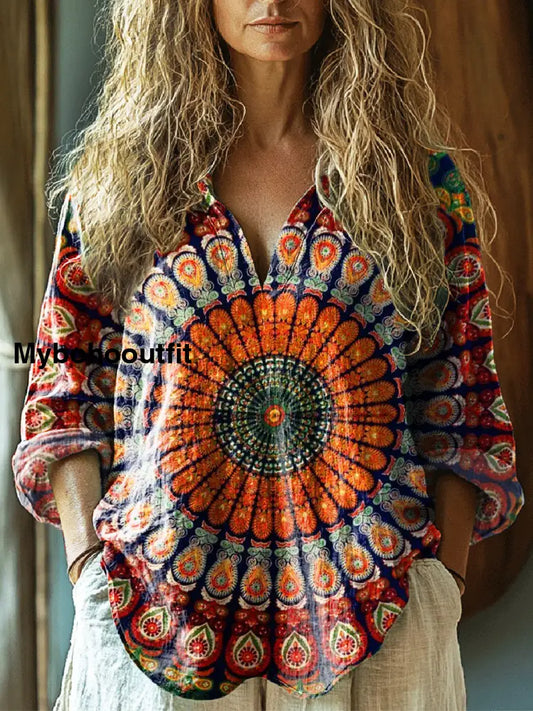 Women’s Vintage Ethnic Floral Art Print Casual Linen V-Neck Shirt Multicolor / S