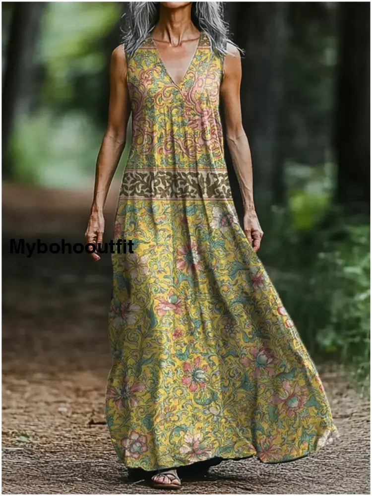 Women’s Vintage Ethnic Floral Art Print Pocket Cotton Dress