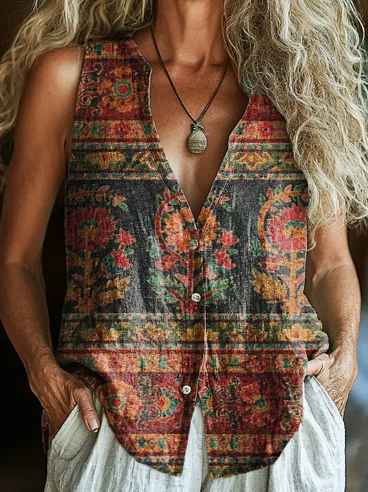 Women’s Vintage Ethnic Floral Art Print Sleeveless Cotton Shirt Multicolor / S