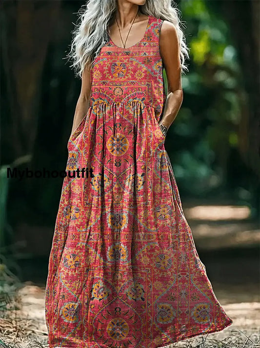 Women’s Vintage Ethnic Floral Art Print V-Neck Button Pocket Cotton Dress Multicolor / S
