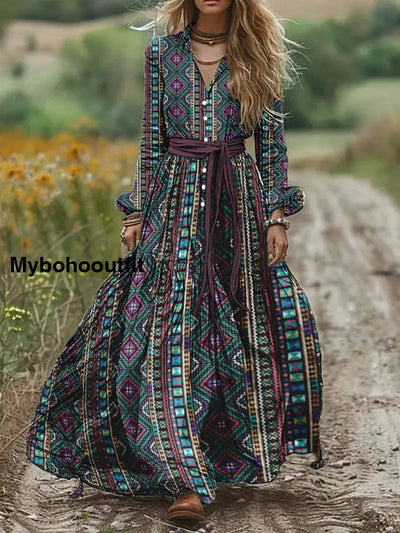 Women’s Vintage Ethnic Geometric Art Print Pocket Temperament Midi Dress A / S