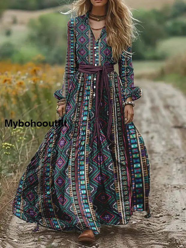 Women’s Vintage Ethnic Geometric Art Print Pocket Temperament Midi Dress A / S