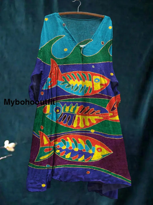 Women’s Vintage Fish Print V Neck Cotton Bohemian Mini Dress A / S