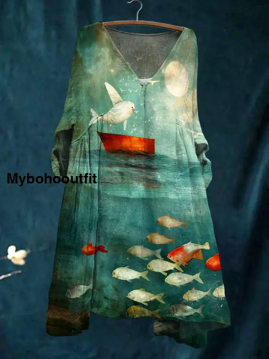 Women’s Vintage Fish Print V Neck Cotton Bohemian Mini Dress A / S