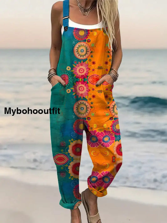 Women’s Vintage Floral Art Print Casual 100% Cotton Wide Leg Jumpsuit Multicolor / S