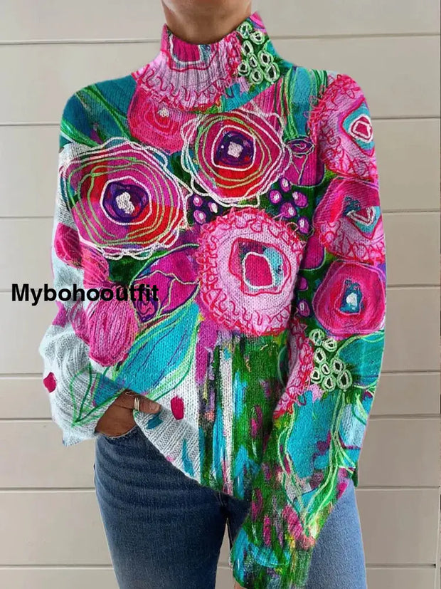Women’s Vintage Floral Art Print Casual Chic Sweater Pullover A / S