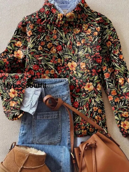 Women’s Vintage Floral Art Print Casual Chic Sweater Pullover A / S