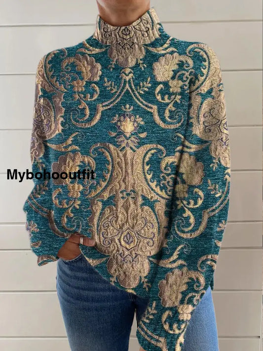 Women’s Vintage Floral Art Print Casual Chic Sweater Pullover A / S