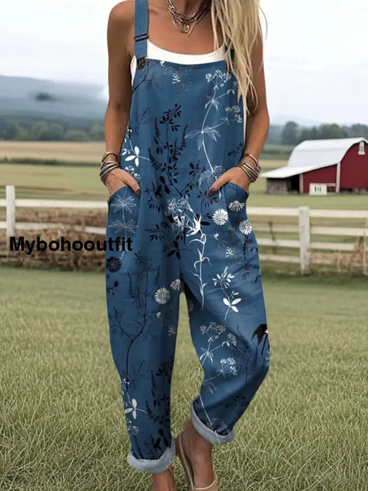 Women’s Vintage Floral Art Print Casual Overalls Wide Leg Pants A / S