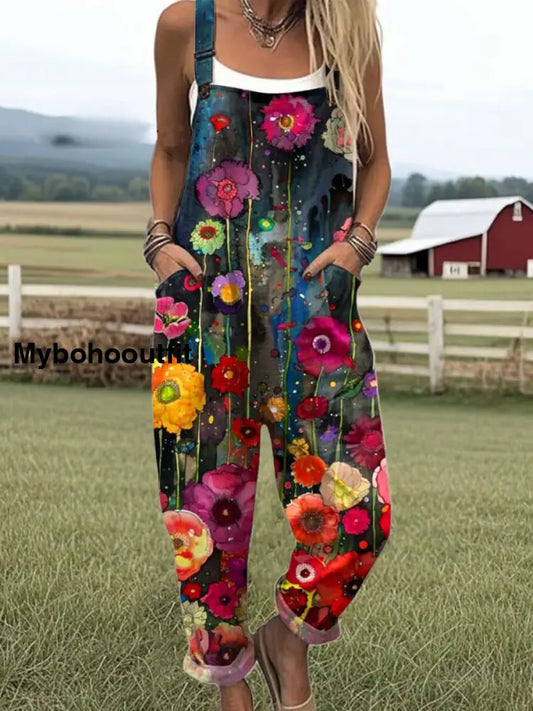 Women’s Vintage Floral Art Print Casual Overalls Wide Leg Pants A / S