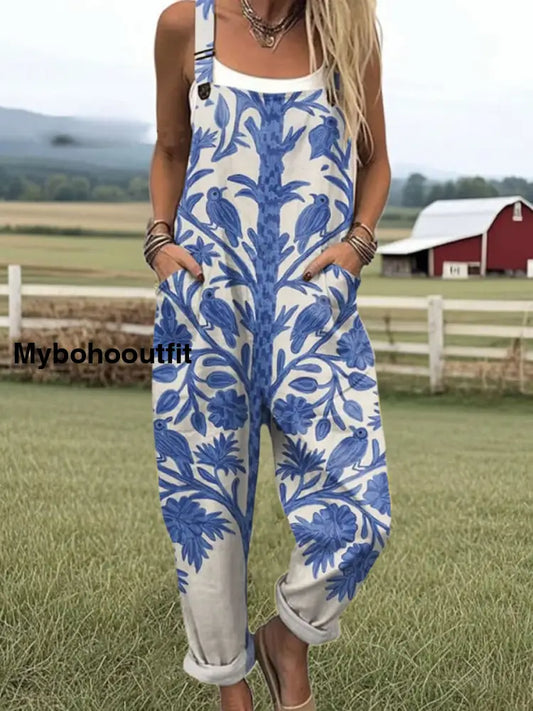 Women’s Vintage Floral Art Print Casual Overalls Wide Leg Pants A / S