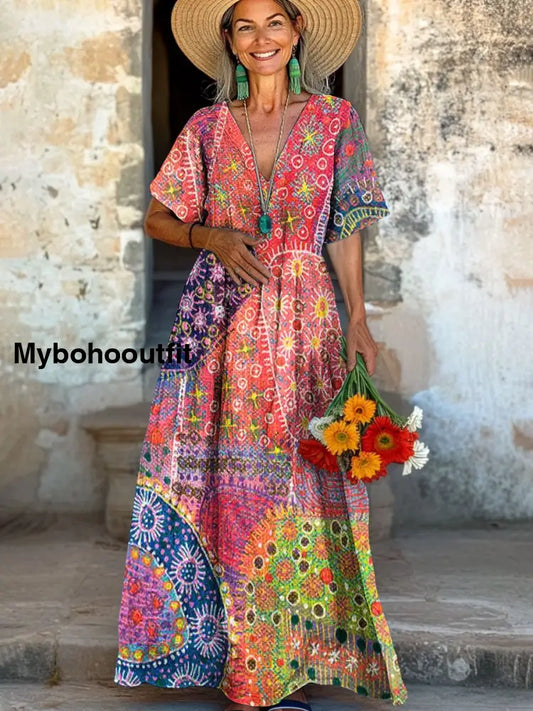 Women’s Vintage Floral Art Print Pocket Cotton Dress Multicolor / S