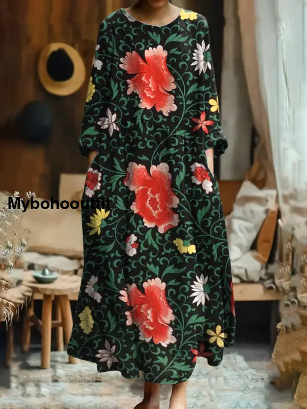 Women’s Vintage Floral Art Print Pocket Elegant Cotton Dress A / S