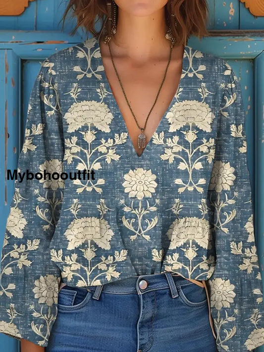 Women’s Vintage Floral Art Print V-Neck Casual Cotton and Linen Shirt Top A / S