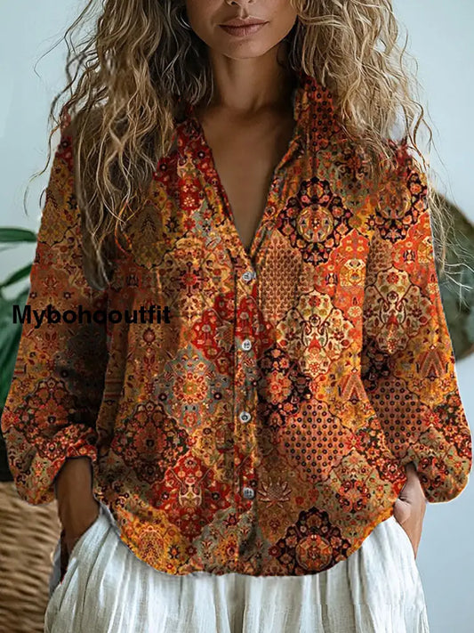 Women’s Vintage Floral Art Print V-Neck Casual Cotton And Linen Shirt Top A / S