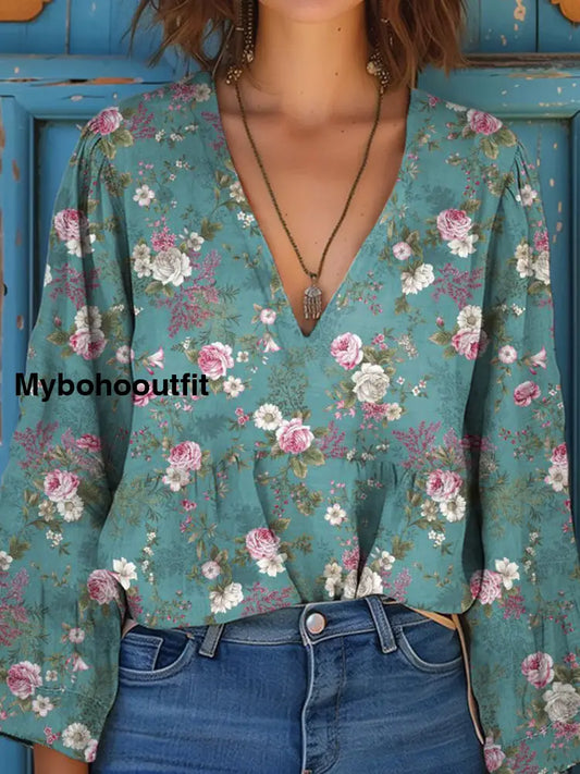 Women’s Vintage Floral Art Print V-Neck Casual Cotton and Linen Shirt Top A / S