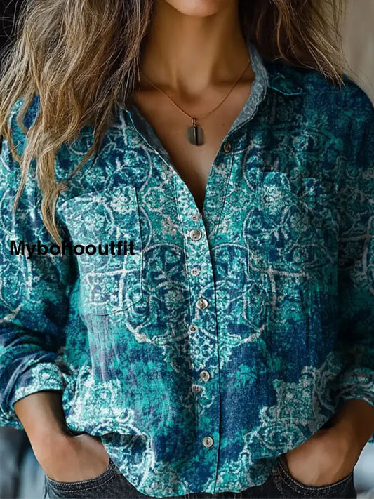 Women’s Vintage Floral Art Print V-Neck Casual Cotton And Linen Shirt Top A / S