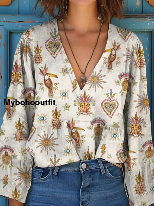 Women’s Vintage Floral Art Print V-Neck Casual Cotton and Linen Shirt Top A / S