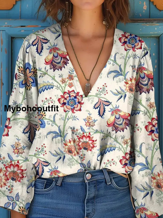 Women’s Vintage Floral Art Print V-Neck Casual Cotton and Linen Shirt Top A / S