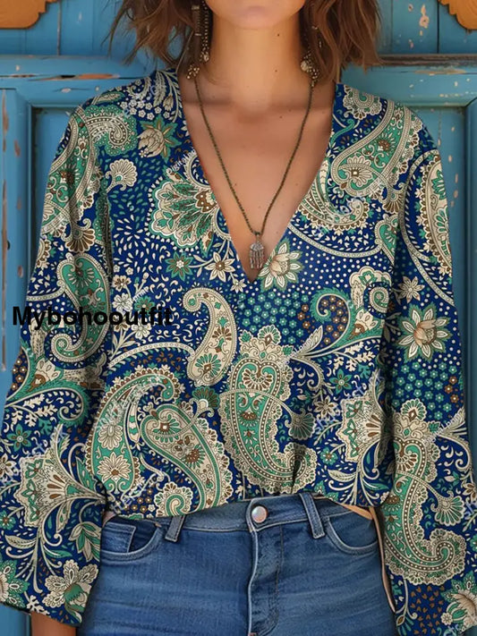Women’s Vintage Floral Art Print V-Neck Casual Cotton and Linen Shirt Top A / S