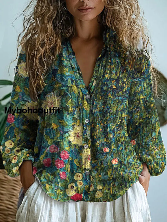 Women’s Vintage Floral Art Print V-Neck Casual Cotton And Linen Shirt Top A / S