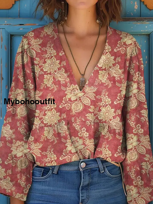 Women’s Vintage Floral Art Print V-Neck Casual Cotton and Linen Shirt Top A / S