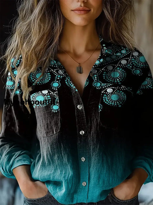 Women’s Vintage Floral Art Print V-Neck Casual Cotton and Linen Shirt Top A / S
