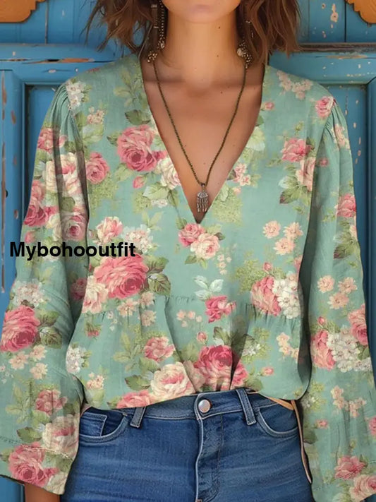 Women’s Vintage Floral Art Print V-Neck Casual Cotton and Linen Shirt Top A / S