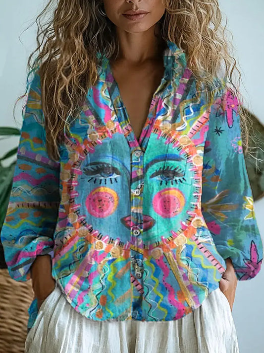 Women’s Vintage Floral Art Print V-Neck Casual Cotton And Linen Shirt Top A / S