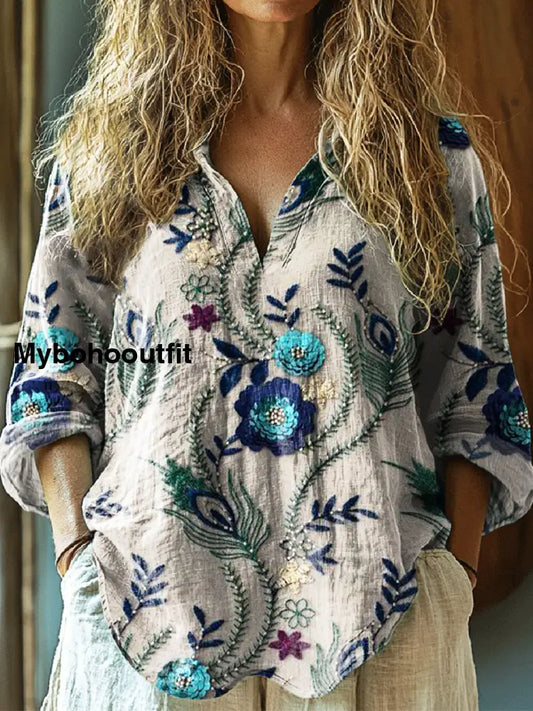 Women’s Vintage Floral Art Print V-Neck Casual Cotton And Linen Shirt Top A / S