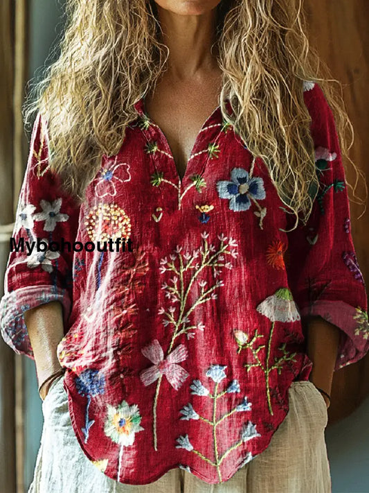 Women’s Vintage Floral Art Print V-Neck Casual Cotton And Linen Shirt Top A / S