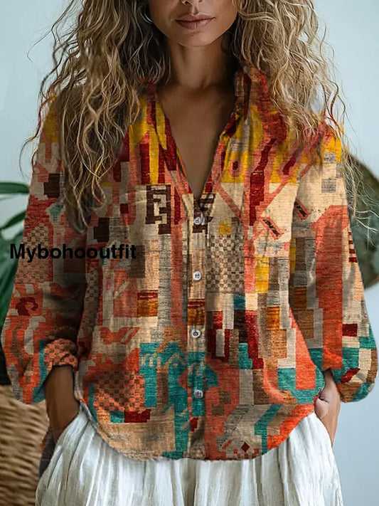 Women’s Vintage Floral Art Print V-Neck Casual Cotton and Linen Shirt Top A / S