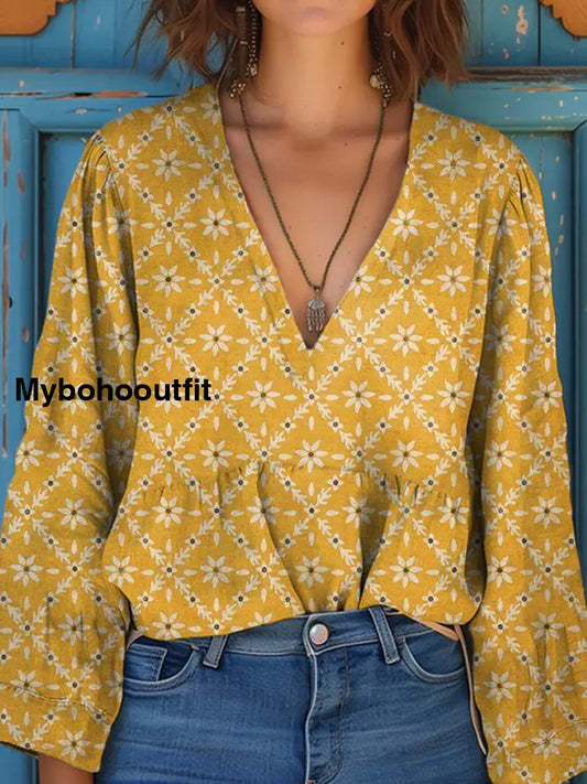 Women’s Vintage Floral Art Print V-Neck Casual Cotton and Linen Shirt Top A / S