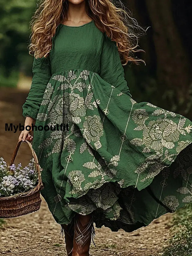 Women’s Vintage Floral Art Print V Neck Elegant Chic Loose Long Sleeve Midi Dress A / S