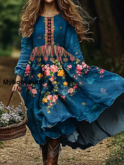 Women’s Vintage Floral Art Print V Neck Elegant Chic Loose Long Sleeve Midi Dress A / S