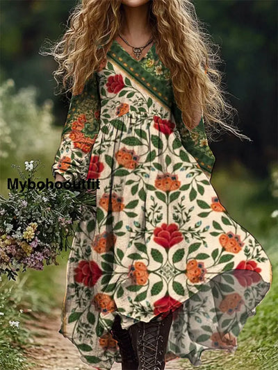 Women’s Vintage Floral Art Print V-Neck Long Sleeve Maxi Dress A / S