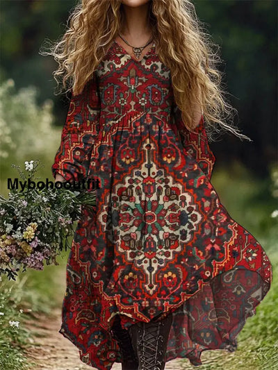 Women’s Vintage Floral Art Print V-Neck Long Sleeve Maxi Dress A / S