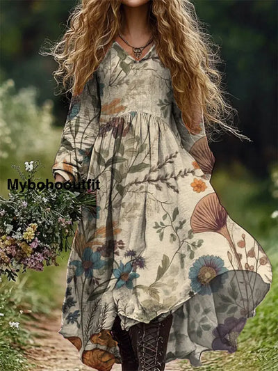 Women’s Vintage Floral Art Print V-Neck Long Sleeve Maxi Dress A / S