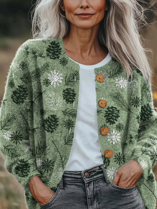 Women’s Vintage Floral Pattern Art Print Buttoned Cardigan Sweater Green / S