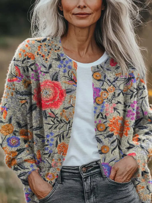 Women’s Vintage Floral Pattern Art Print Buttoned Cardigan Sweater Multicolor / S