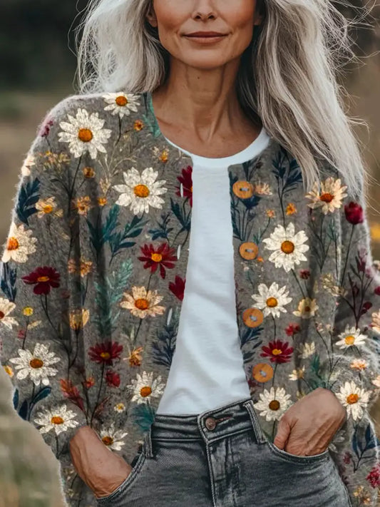 Women’s Vintage Floral Pattern Art Print Buttoned Cardigan Sweater Multicolor / S
