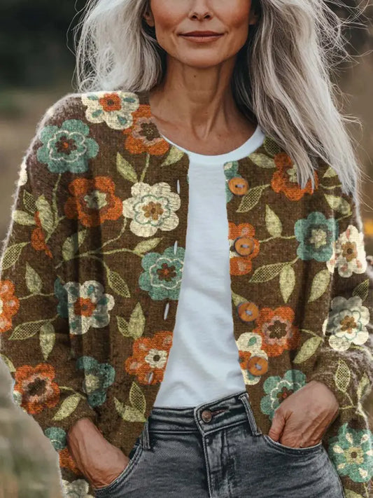 Women’s Vintage Floral Pattern Art Print Buttoned Cardigan Sweater Multicolor / S