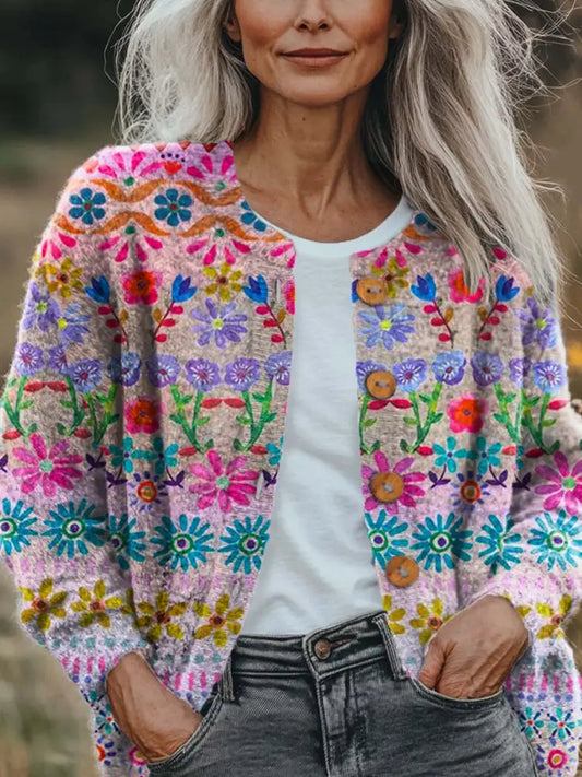 Women’s Vintage Floral Pattern Art Print Buttoned Cardigan Sweater Multicolor / S